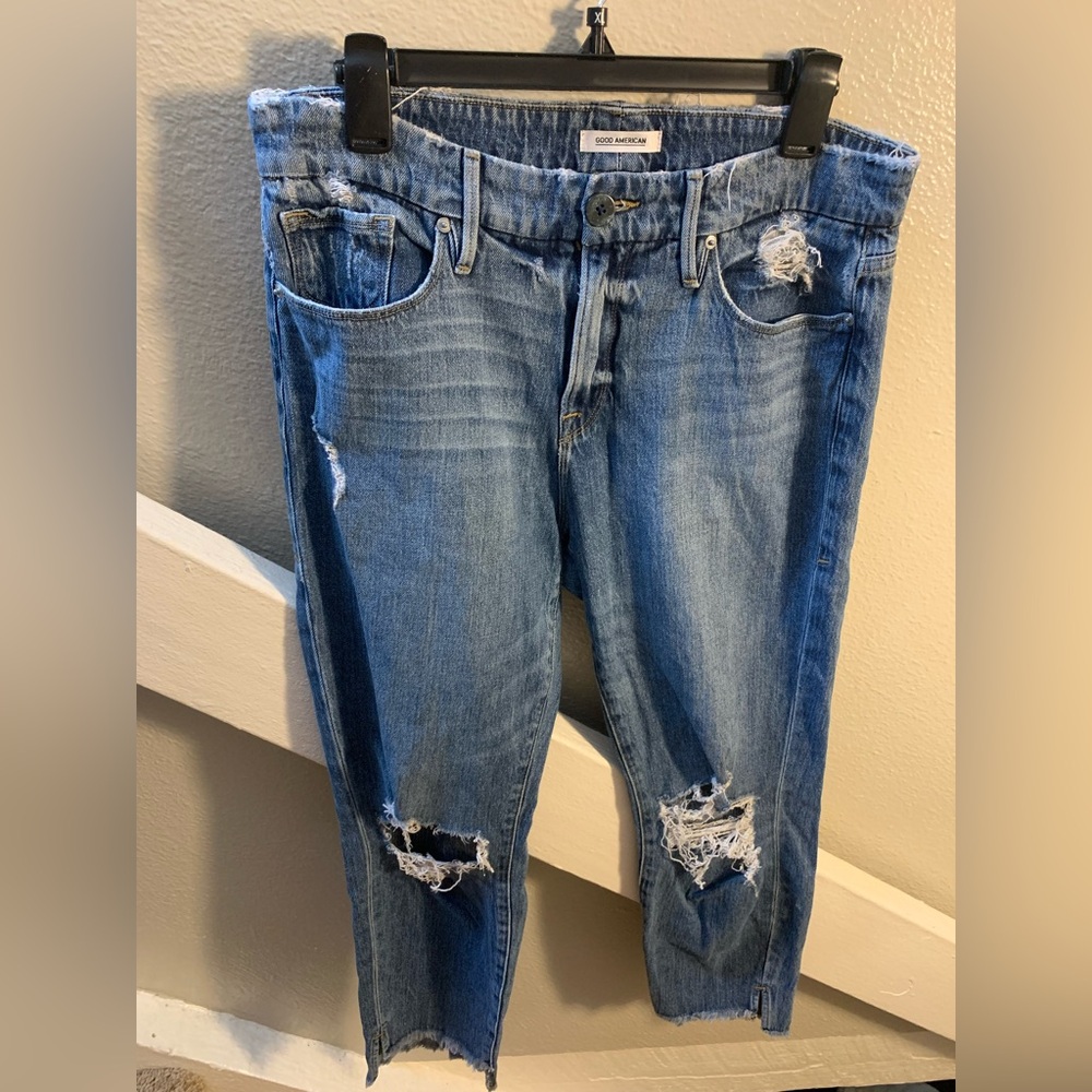 Good American Blue Distressed Boyfriend Jeans